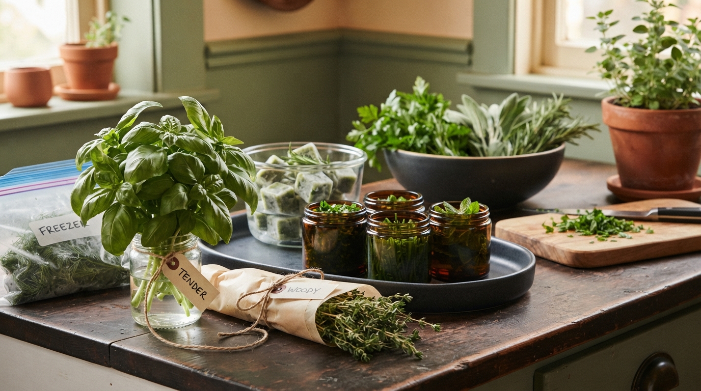 Editorial illustration for A Practical Guide to Storing Fresh Herbs: From Countertop to Freezer