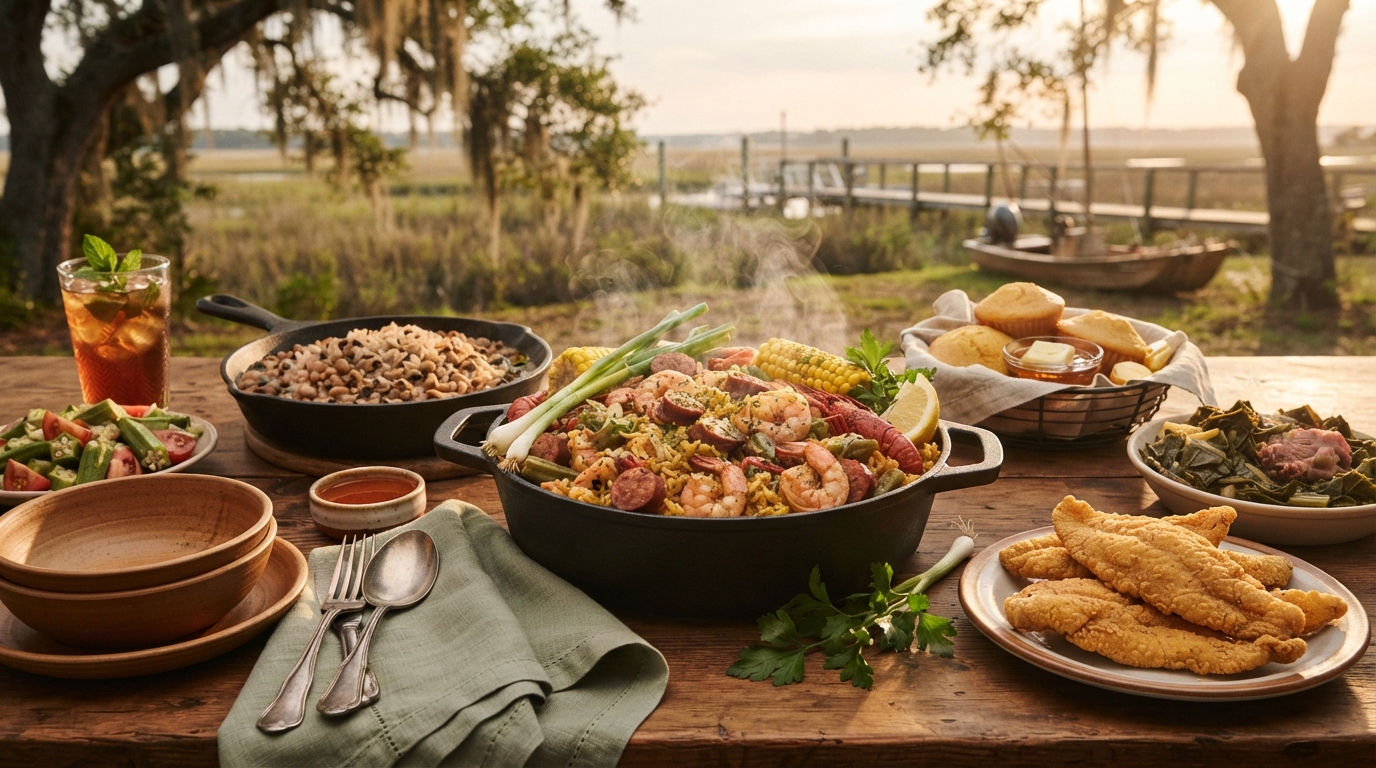 Editorial illustration for How West African, European, and Native American Traditions Created Lowcountry Cuisine