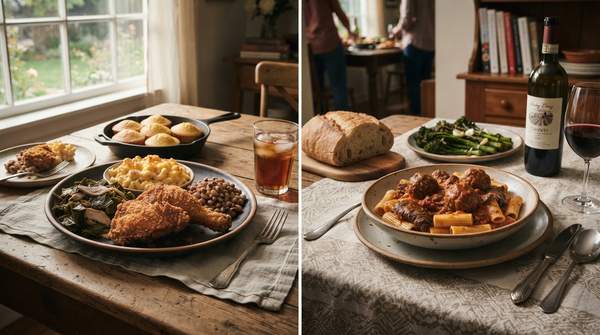 Editorial illustration for Two American Sunday Dinners, Two Very Different Histories
